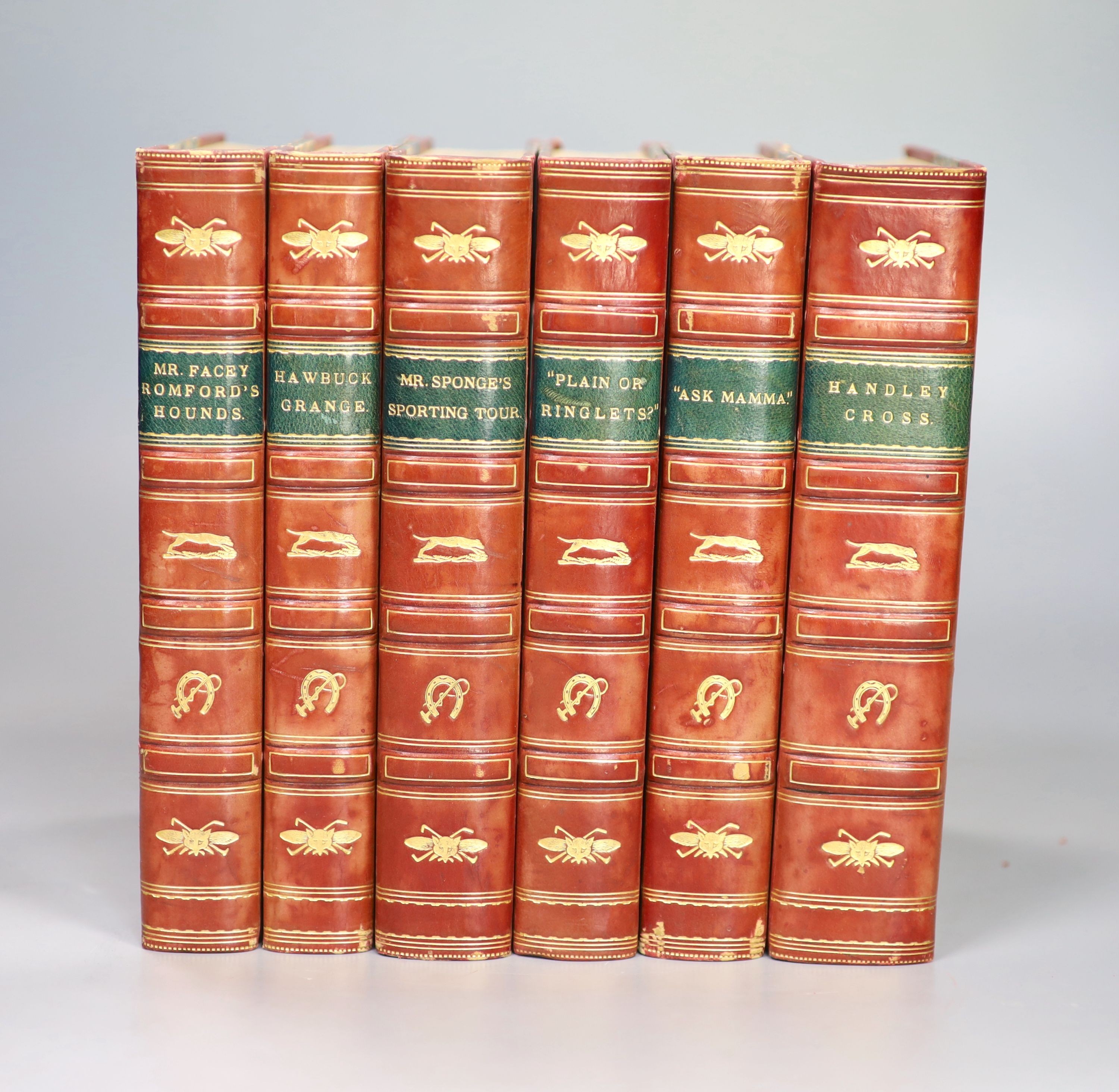 Surtees, Robert Smith - The ‘’Jorrocks’’ edition, 6 vols, 8vo, illustrated by John Leech, consisting of, Handley Cross, Mr. Facey Romford’s Hounds, Hawbuck Grange, Mr. Sponge’s Sporting Tour, ‘’Plain or Ringlets’’ and ‘’